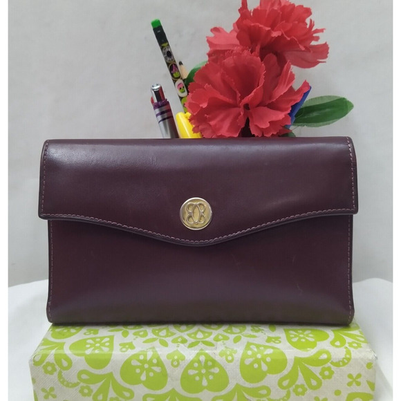 Bosca Maroon Leather Kisslock Pocket Credit Cards Trifold Long Wallet - Vintage - Picture 2 of 14